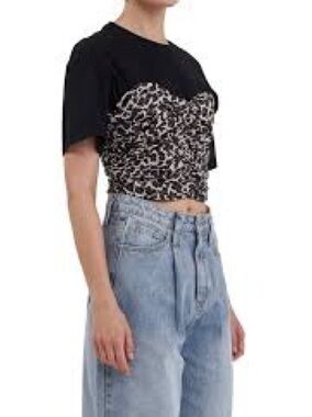 NWT Grey Lab Leopard Shirred Ruched Crop Top Black XS